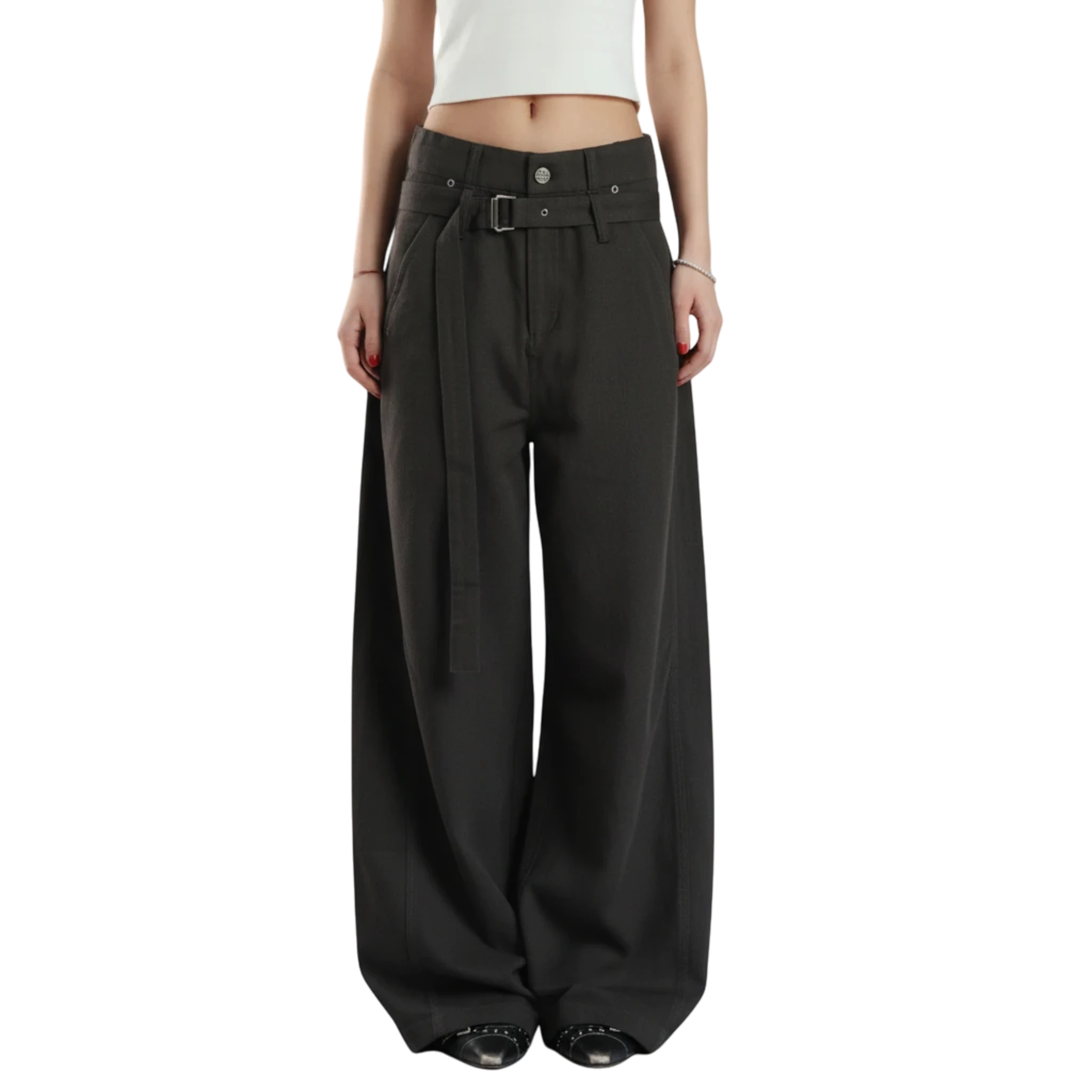Studio Ruban women's dark grey wide-leg slacks with belt and straight leg