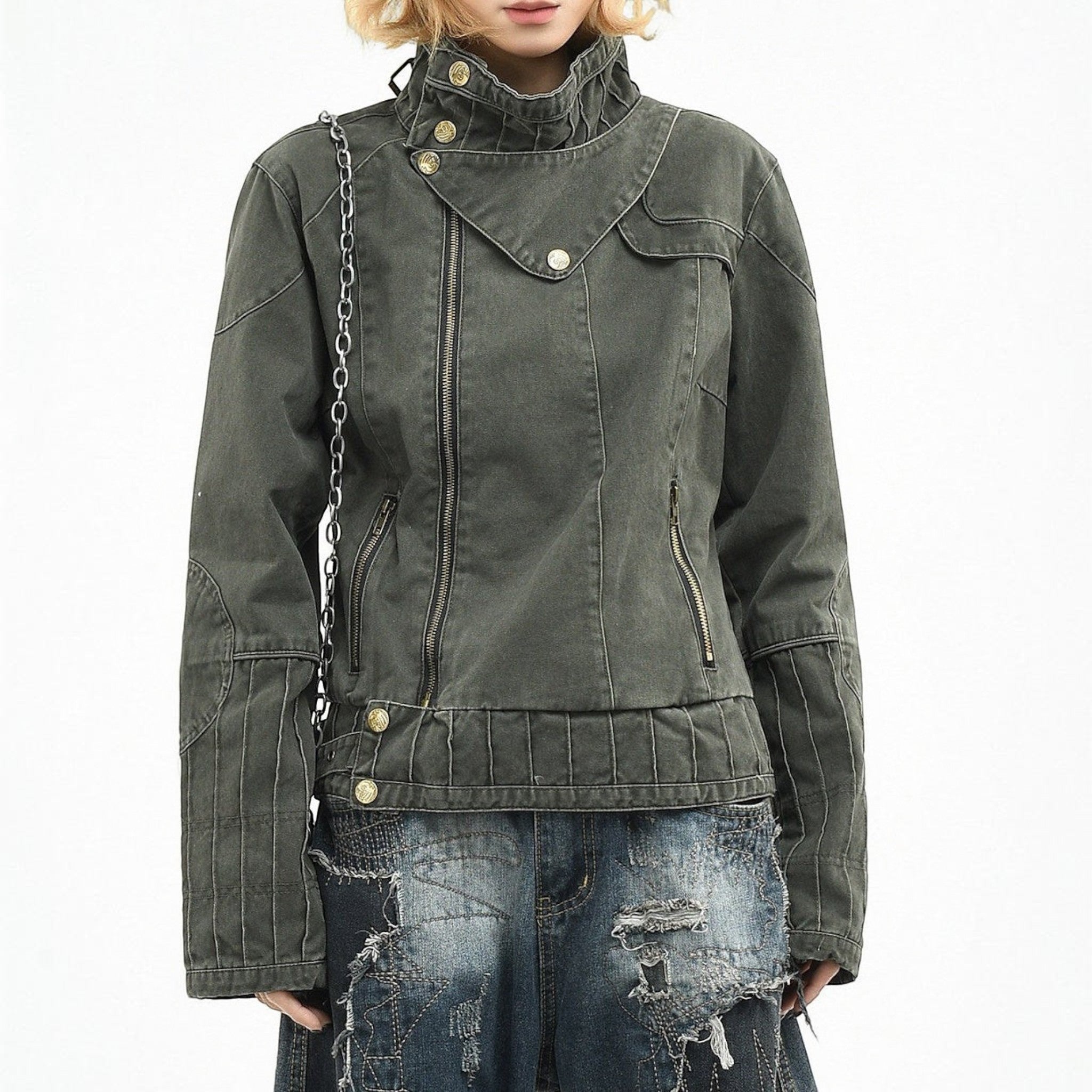 Studio Ruban women's cropped biker jacket in dark grey distressed cotton with stand-up collar and silver chain detail.