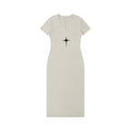 Studio Ruban women's light beige V-neck short sleeve maxi dress with a black starburst graphic on the chest. Made of rayon.