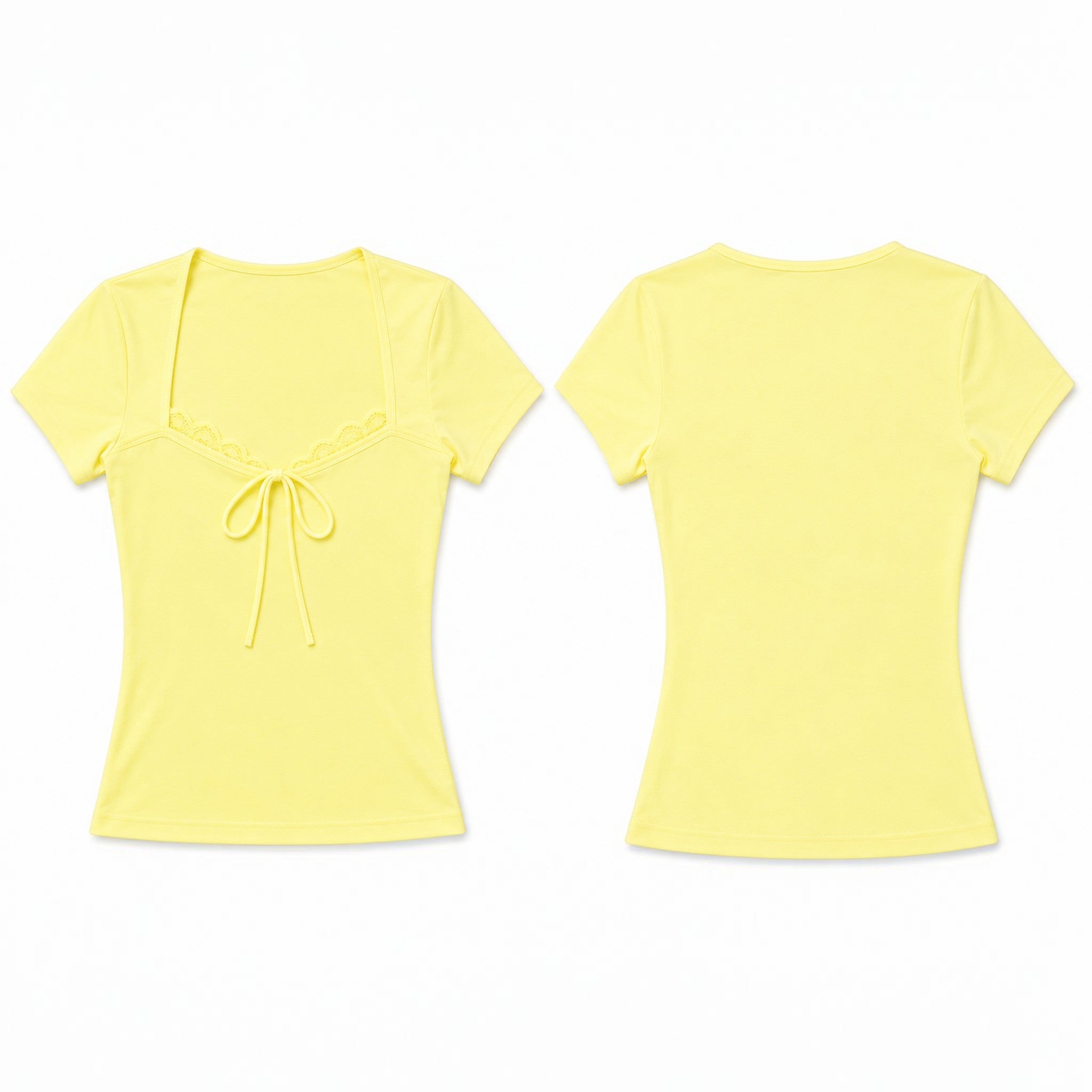 Studio Ruban yellow short-sleeve t-shirt with square neckline, lace trim, and tie detail. Slim fit crop top.