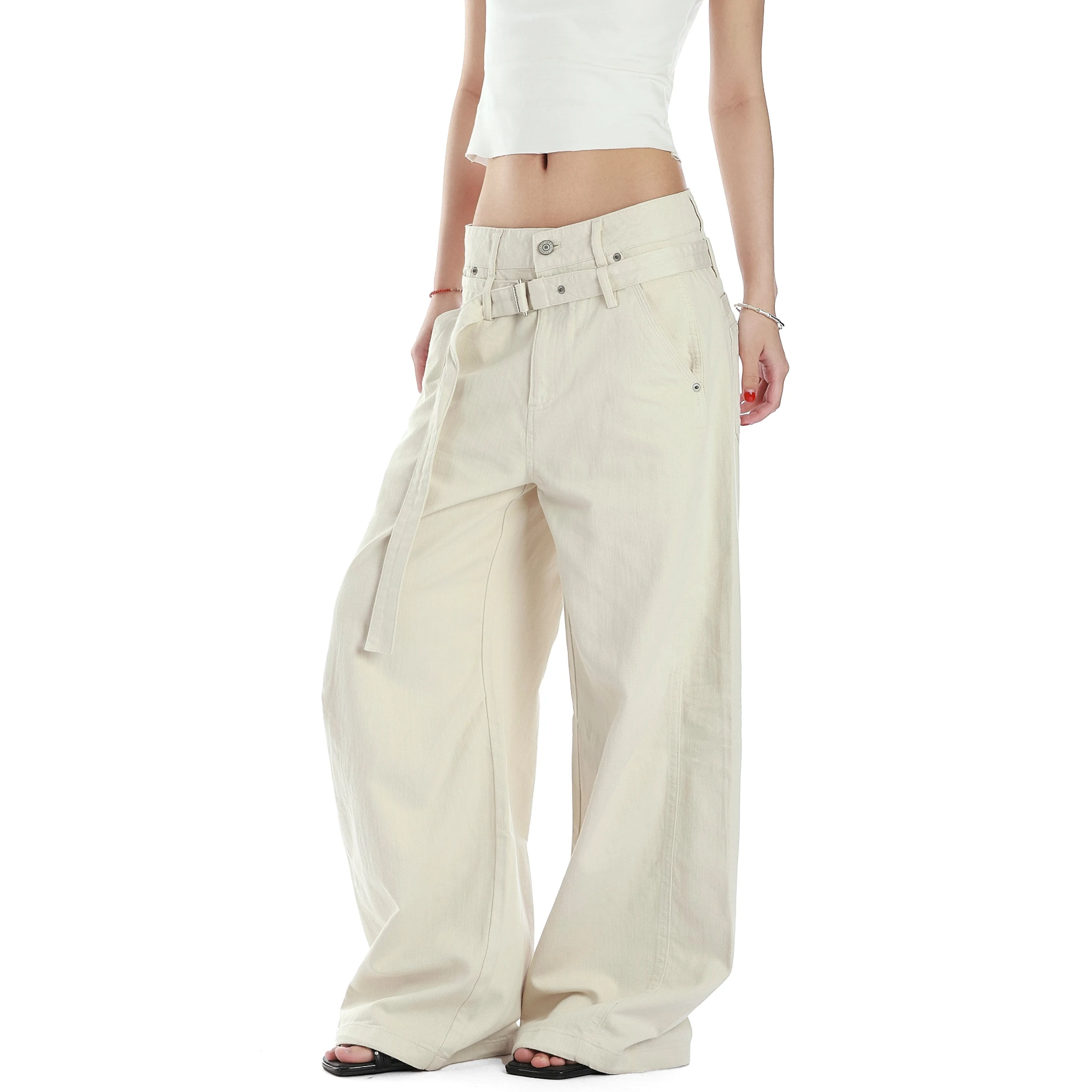 Studio Ruban Evi cream wide-leg slacks with belt. Women's versatile cleanfit straight-leg pants.